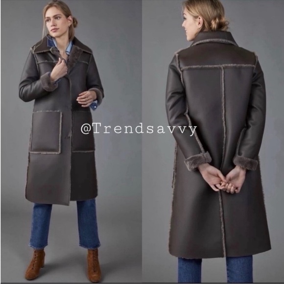 Anthropologie Jackets & Blazers - ANTHROPOLOGIE Maeve Kerry Reversible Faux Fur Shearling Long Coat Dark Grey NWT